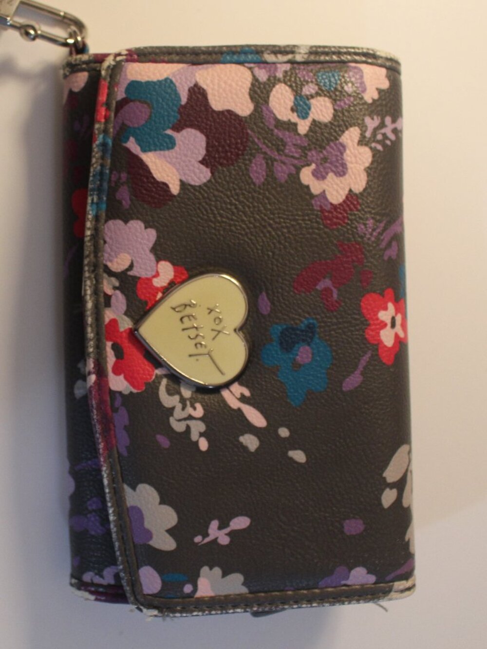 Betsey Johnson Dark Floral Flap Wallet Wristlet with Heart Logo